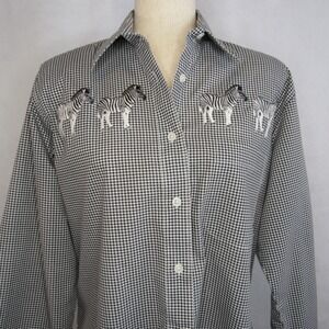 VTG 1990s Tia Designs Gingham Button Shirt Embroidered Zebras Kitschy Size S